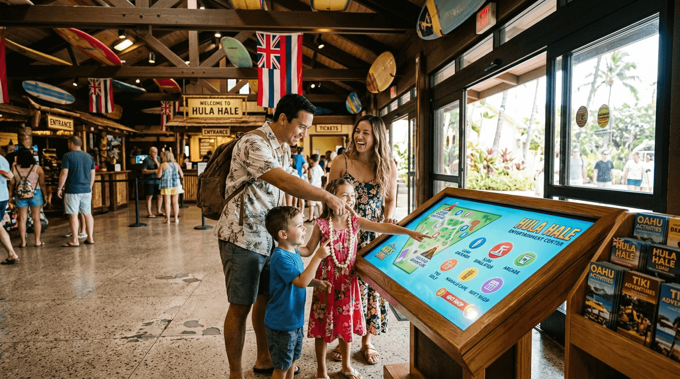 Family viewing interactive map at Hawaiian venue