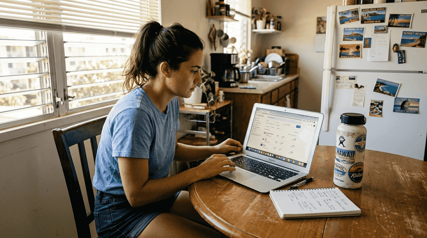 Woman searches Google Flights for Hawaii deals