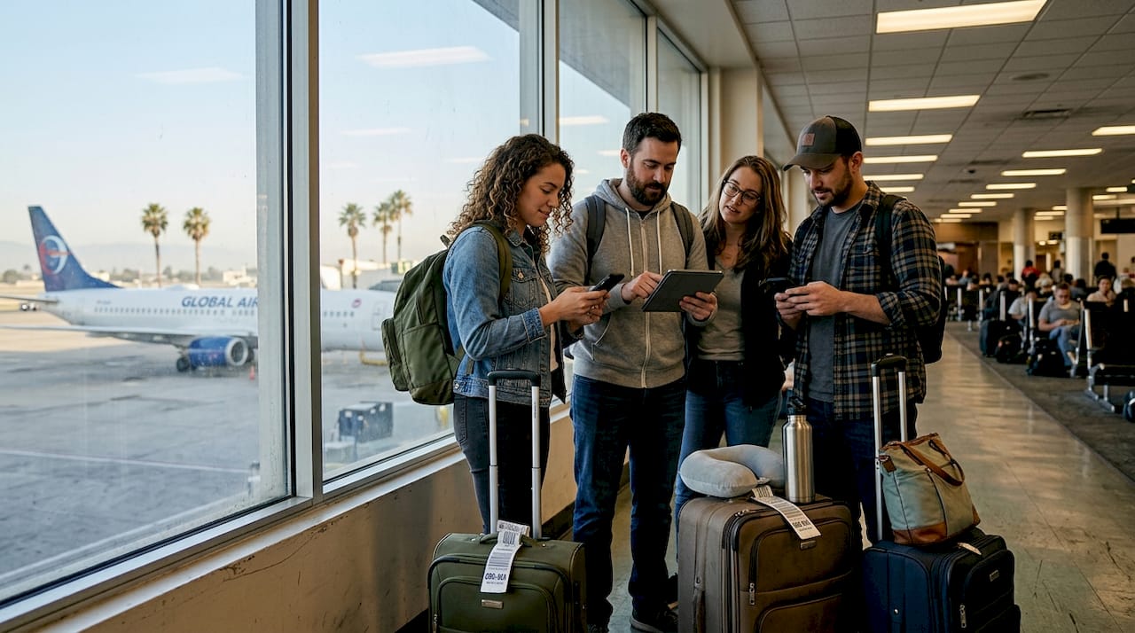 Travelers searching flights in Hawaiian airport terminal