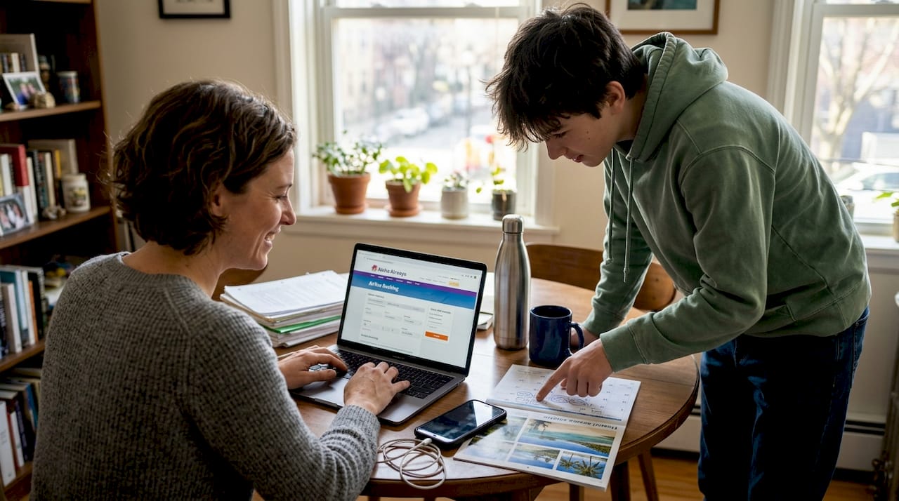 Parent booking Hawaii flight at kitchen table