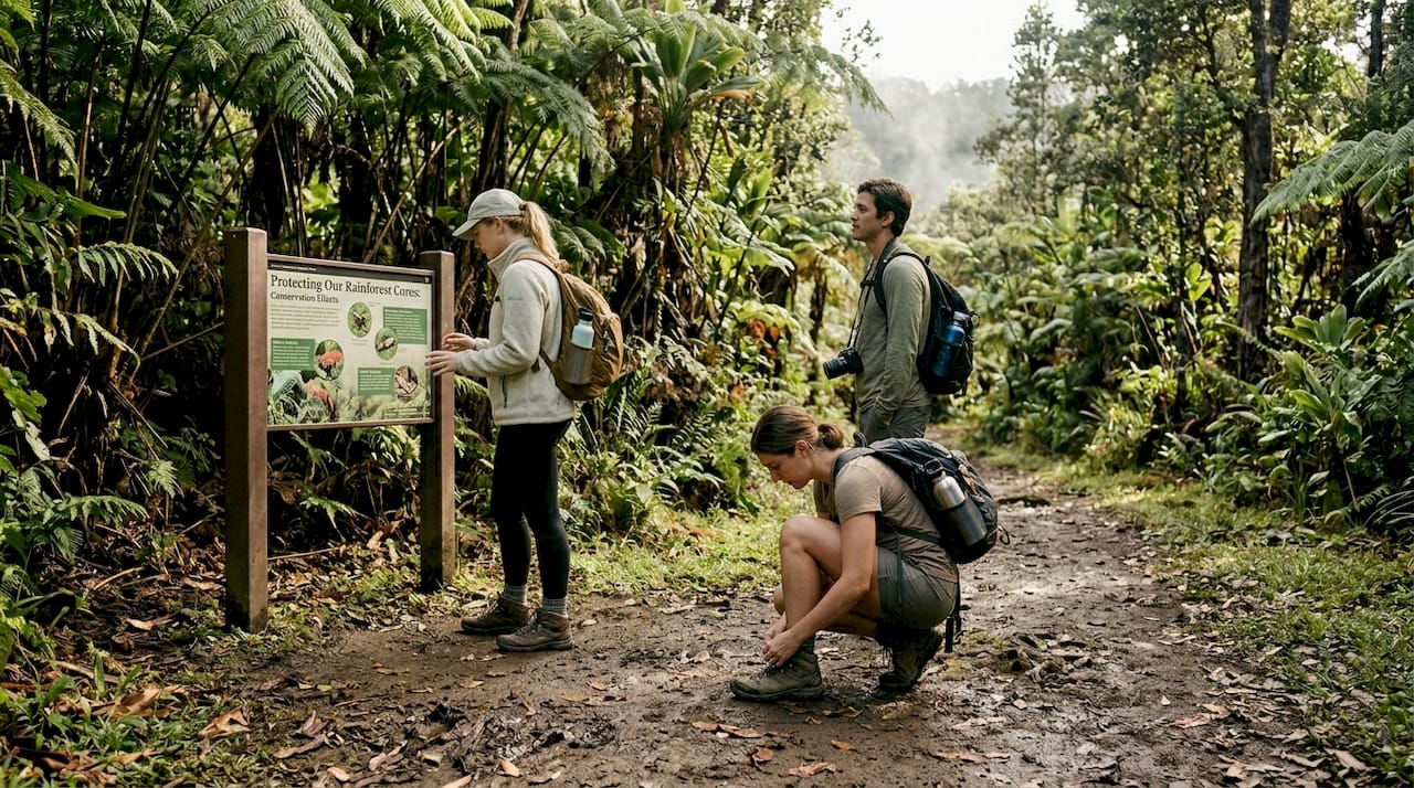 Tourists in Hawaii park practicing eco-friendly travel