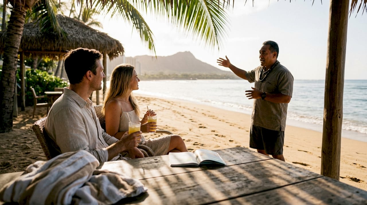 Couple listens to guide on Hawaii VIP beach tour