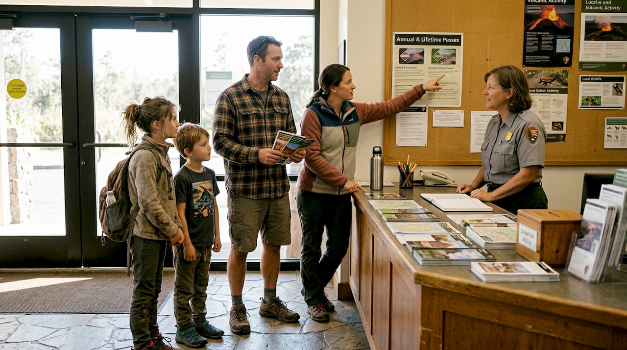 Family at Hawaii park entrance buying annual pass