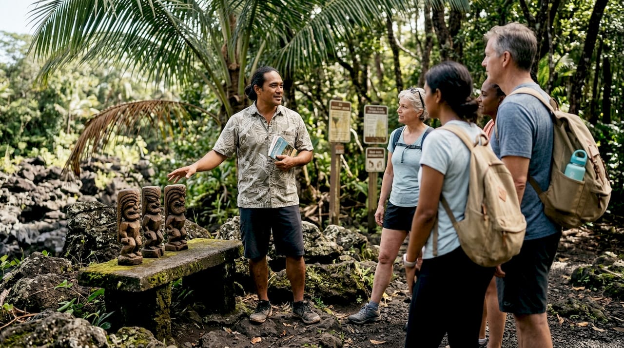 Hawaiian guide telling legends on rainforest trail