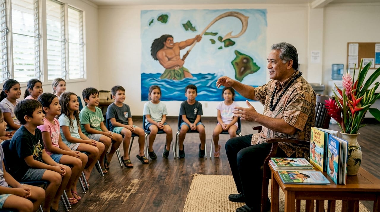 Storyteller sharing Hawaiian legend in community