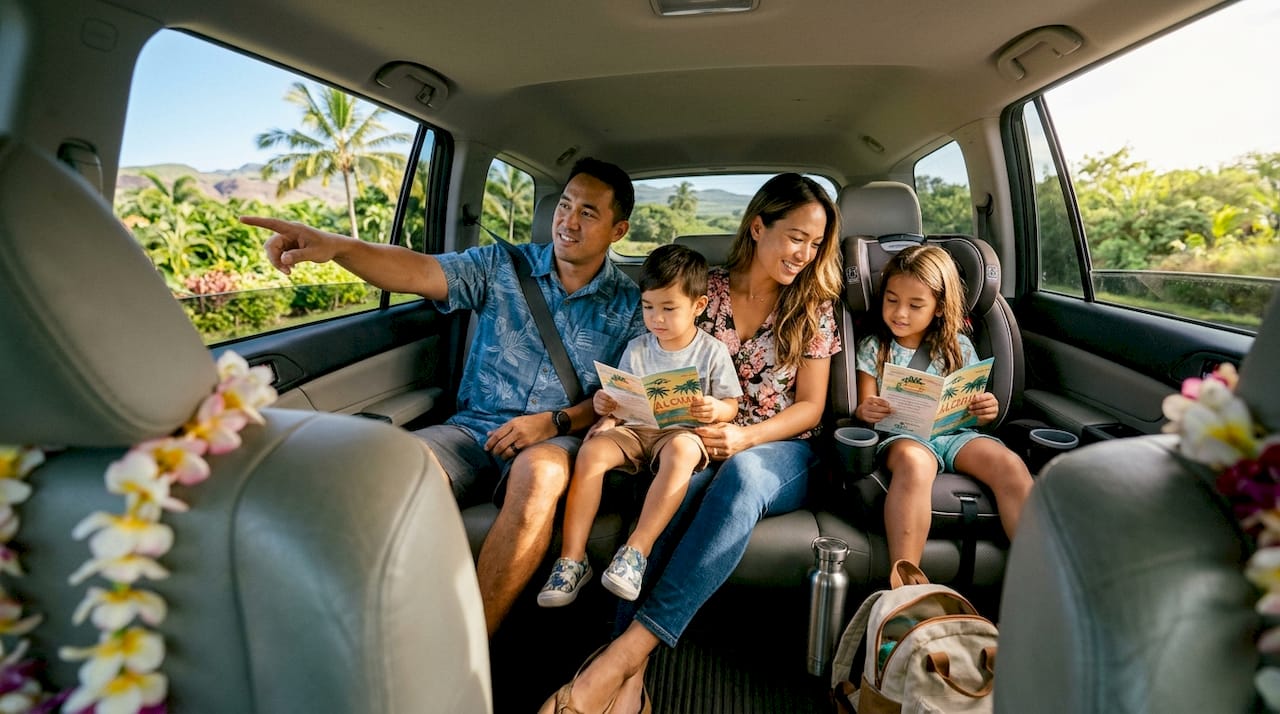 Family touring Hawaii in a car with leis