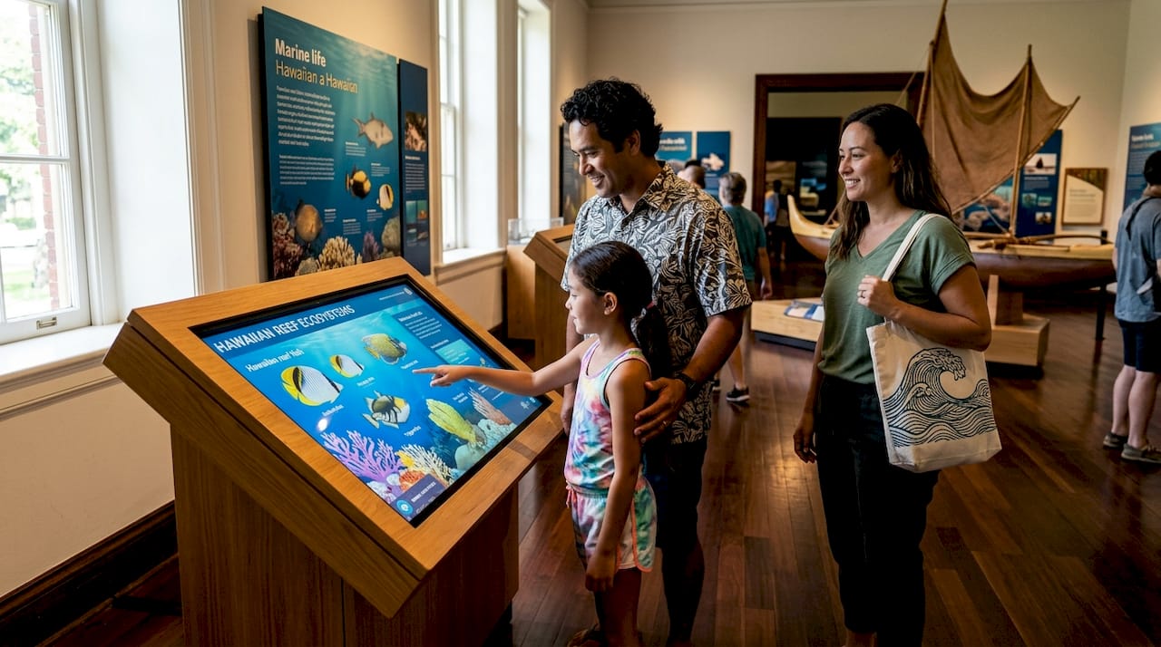 Family exploring interactive ocean exhibit in Hawaii