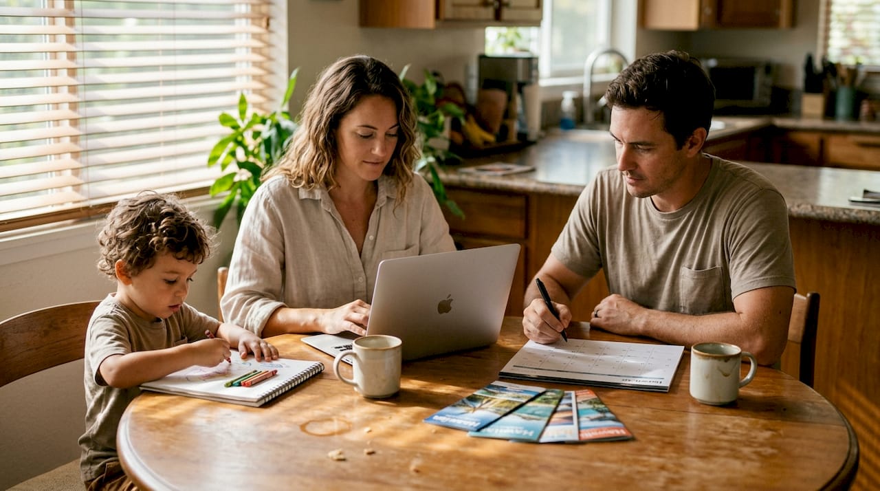 Family planning aerial ride booking at home table