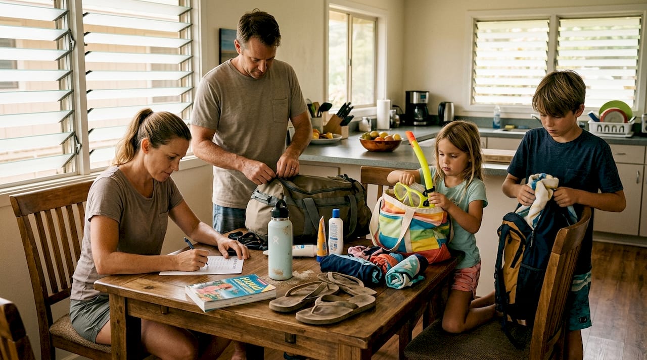 Family packing for Hawaii trip at kitchen table
