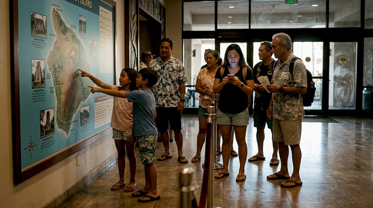 Locals waiting at flying theater lobby in Hawaii