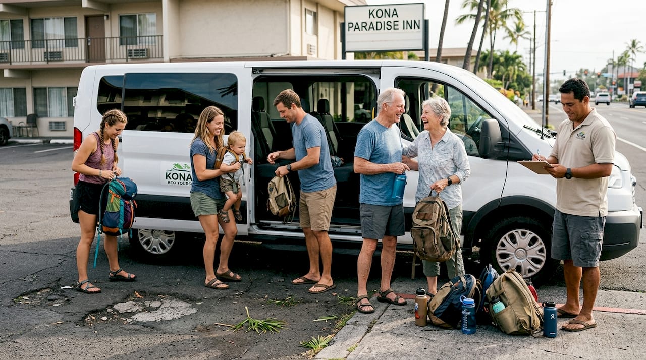 Tour group preparing by hotel van Hawaii