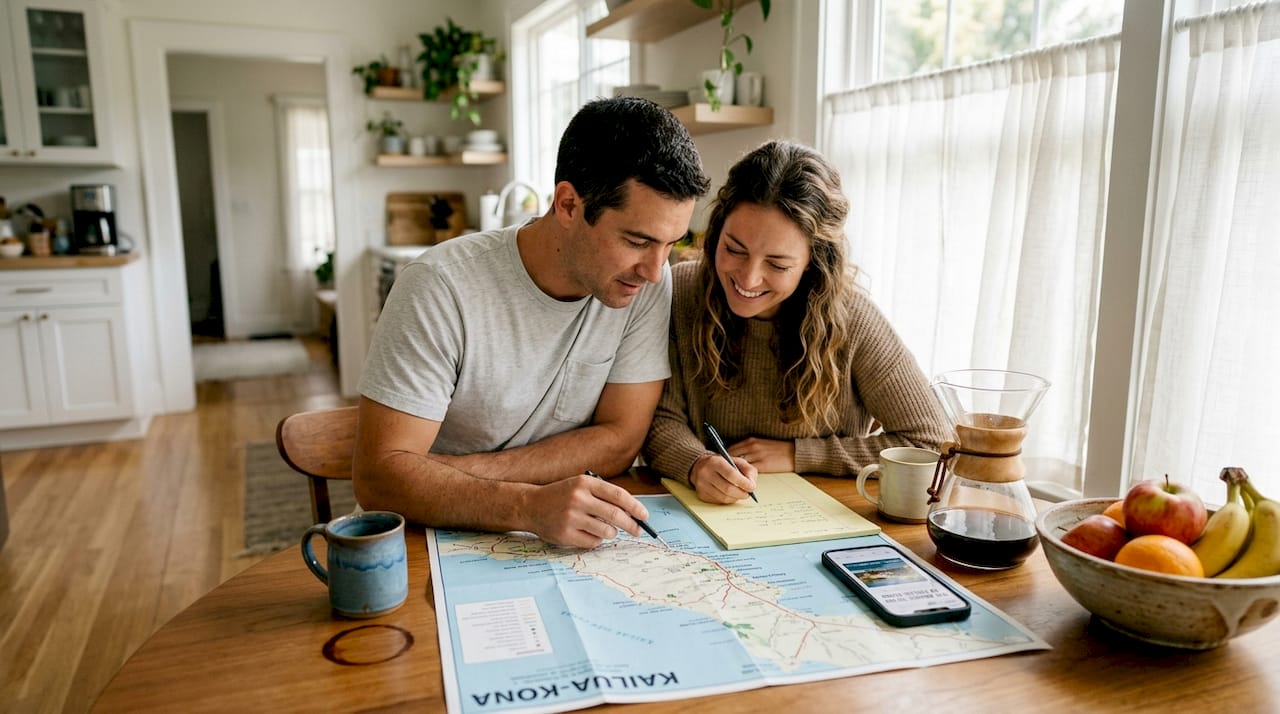 Couple planning Kailua-Kona trip at kitchen table