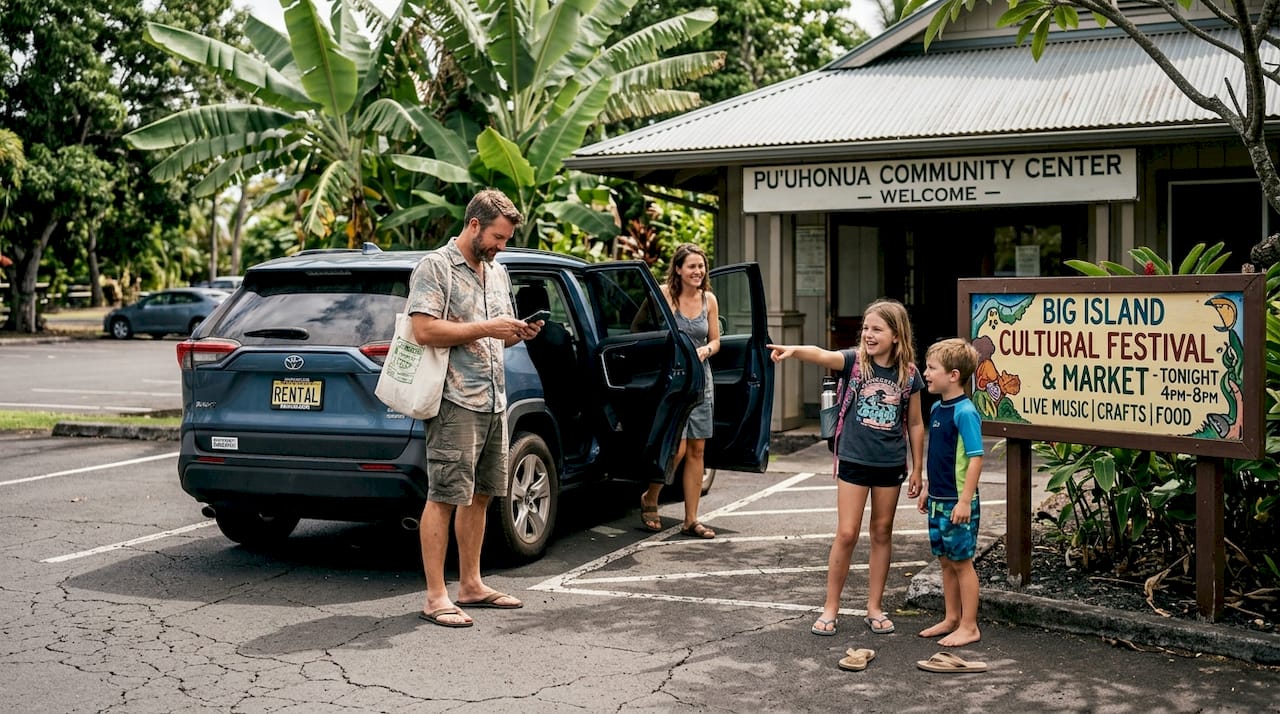 Family arriving at Hawaii immersive event location