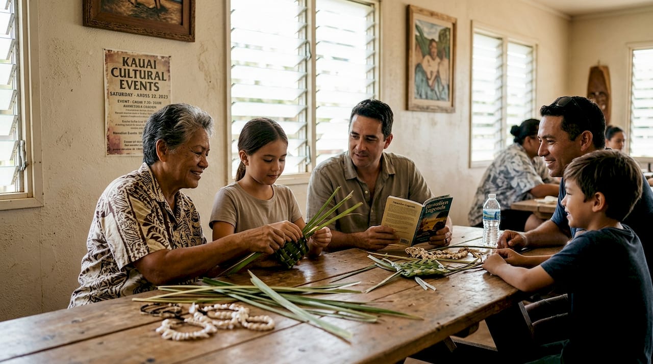 Family interacting at Hawaiian cultural center