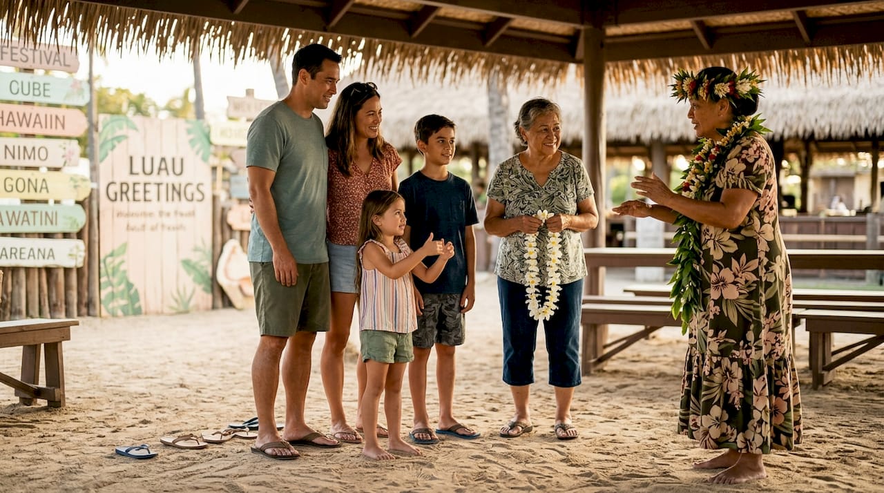 Family learning hula at Hawaii VIP luau