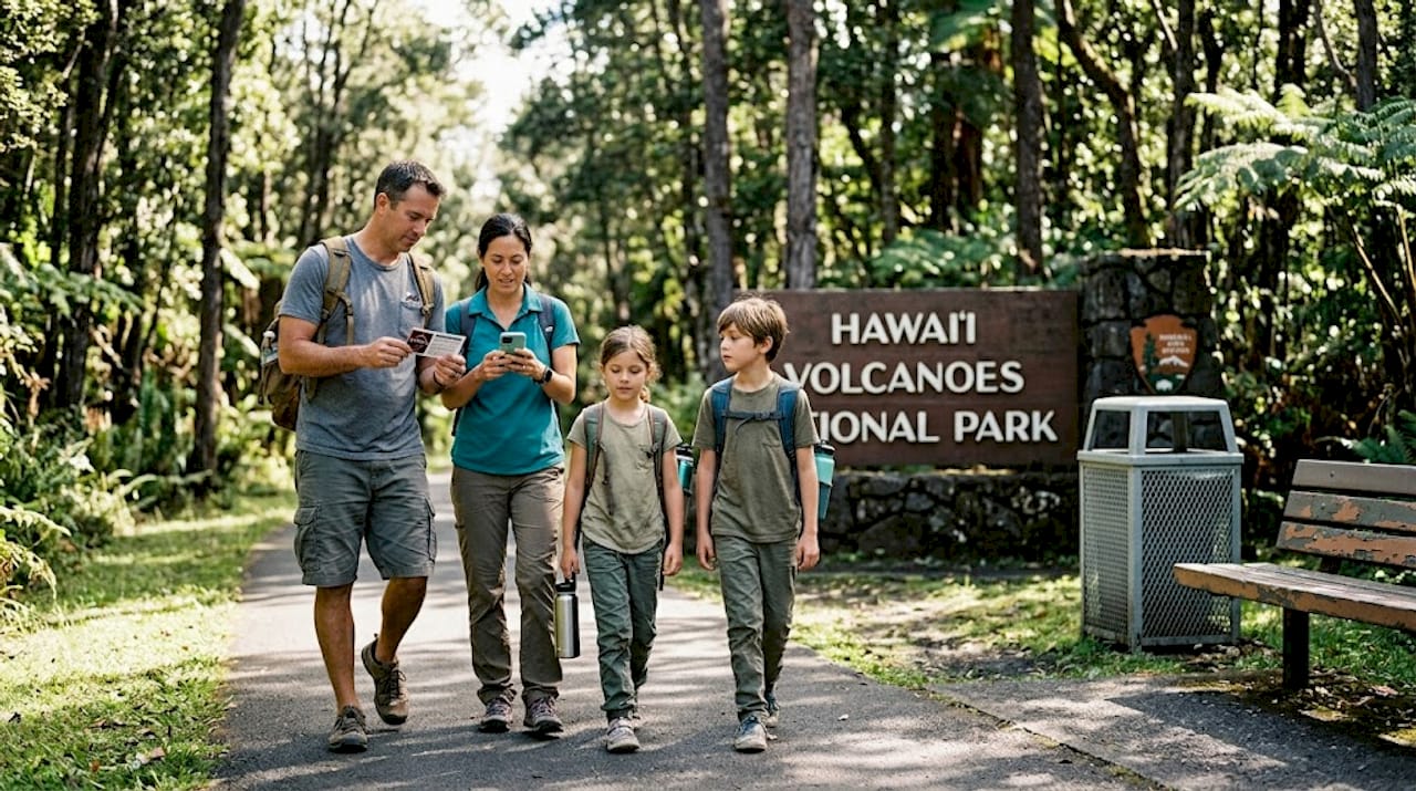 Family entering Hawaii national park with passes