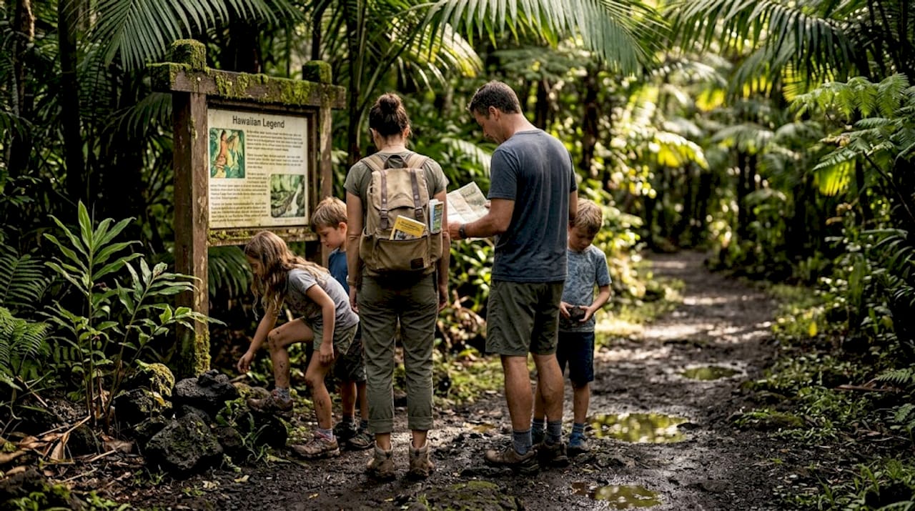 Family reading Hawaiian legend trail sign
