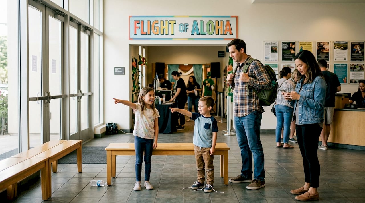 Family waiting in flight experience lobby