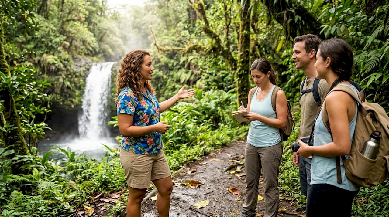 Hawaii tour guide leading group on rainforest path