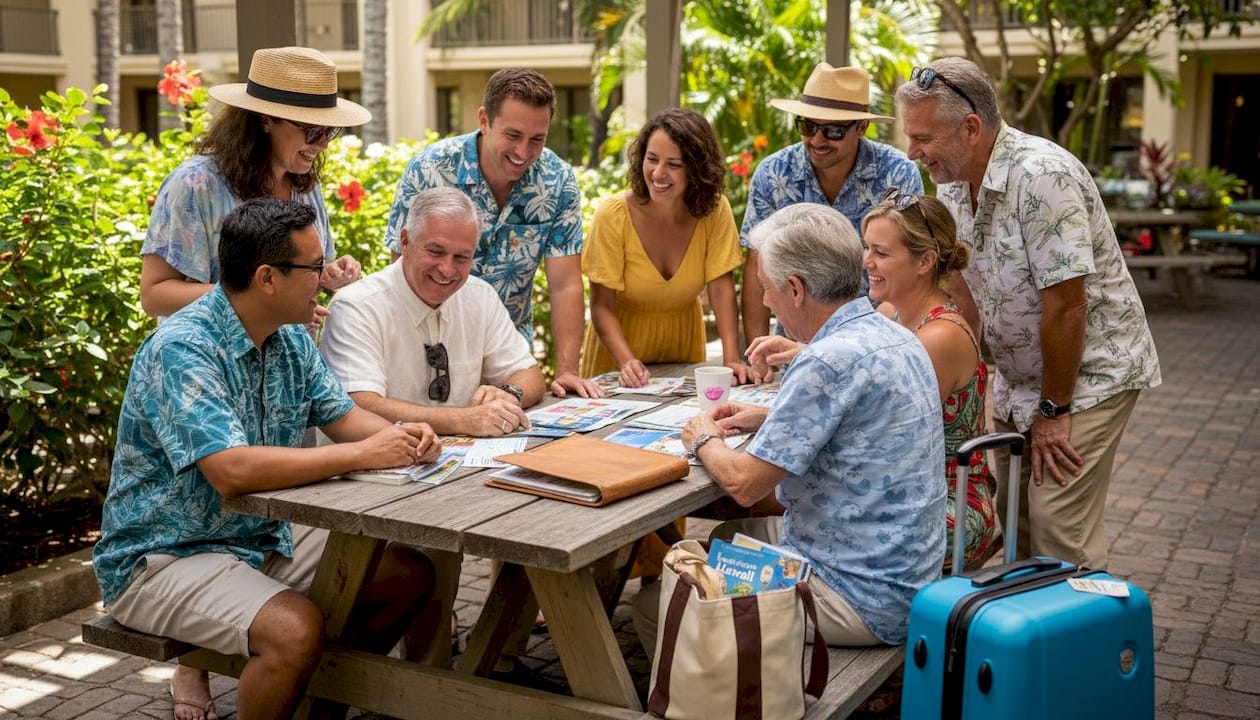 Group in Hawaiian hotel courtyard planning together