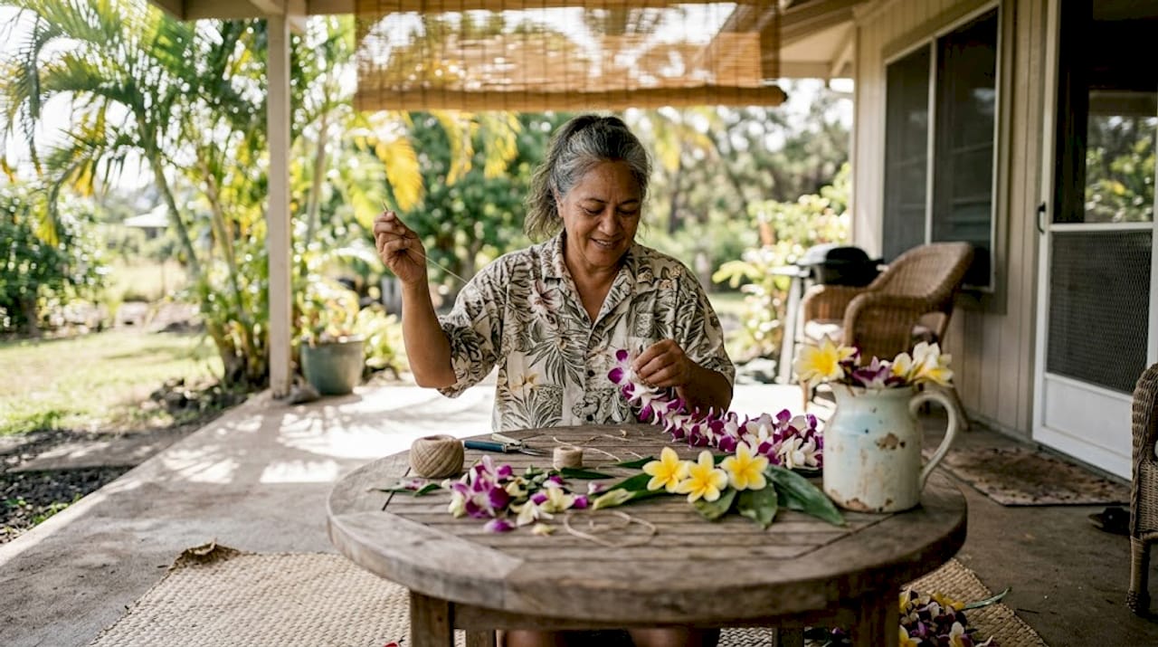 Hawaiian cultural practitioner making lei on patio