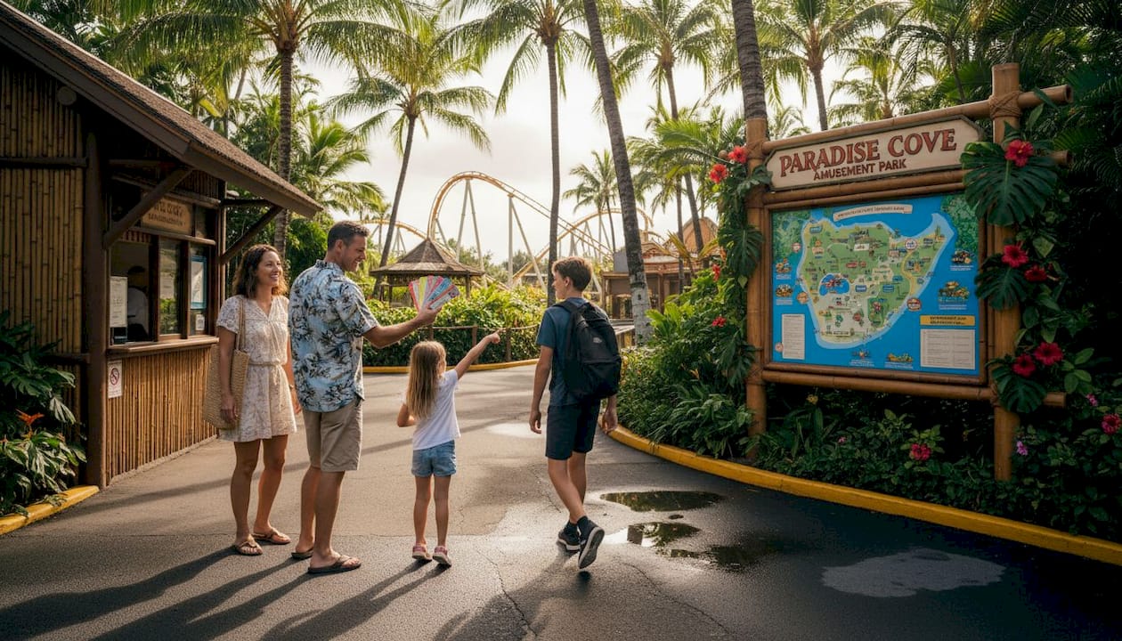 Family approaching theme park entrance in Hawaii
