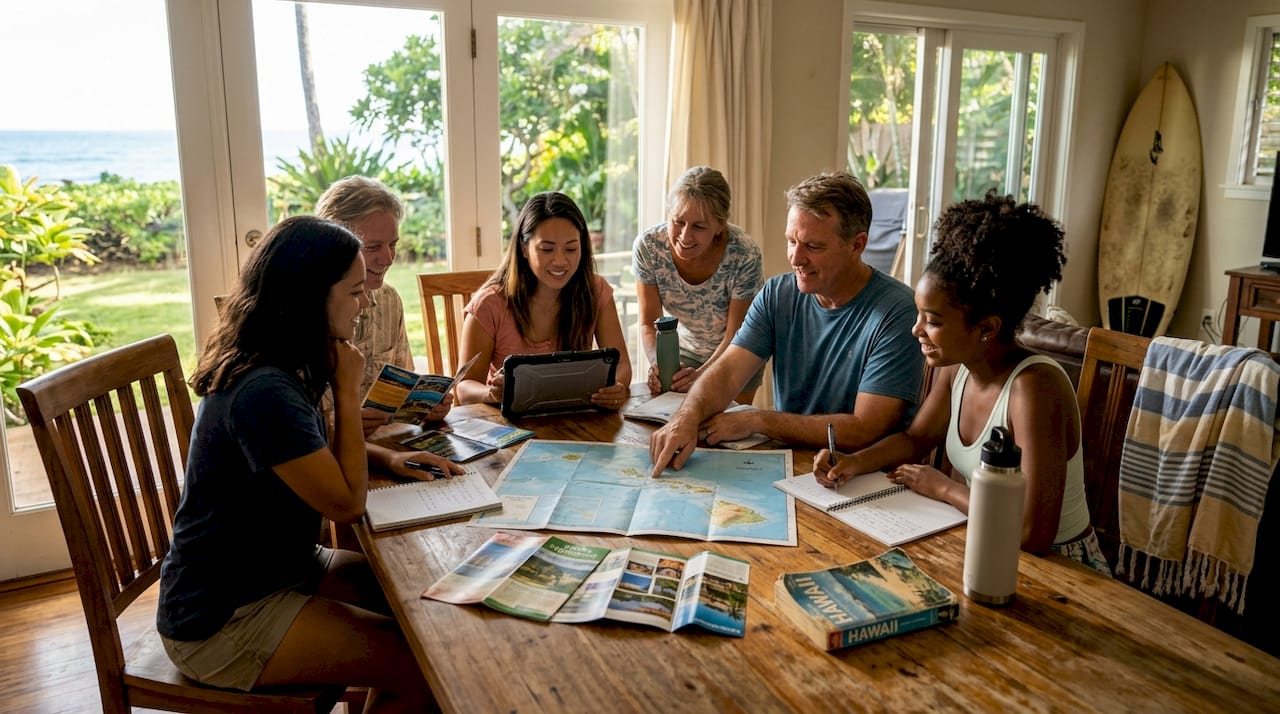 Travel group planning itinerary in Hawaii
