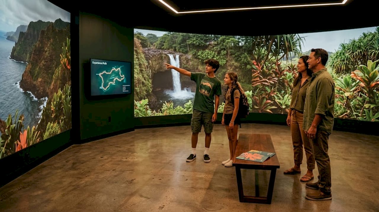 Tourists viewing immersive Hawaii attraction screens