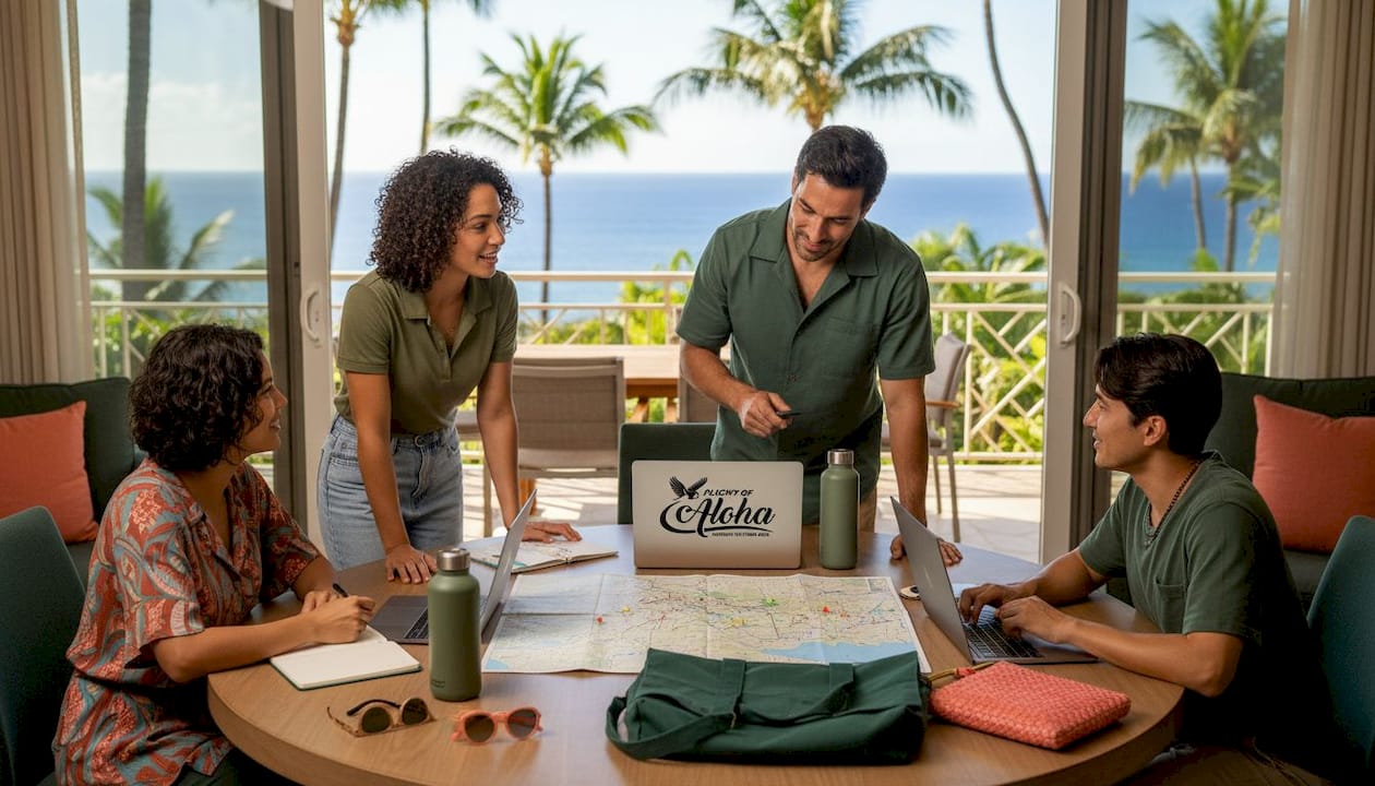 Friends planning Hawaii group trip at table