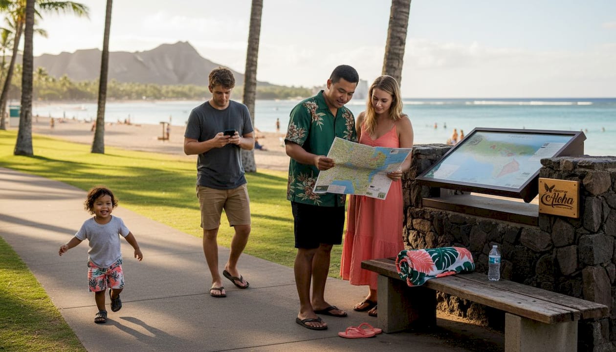 Travelers and locals at Hawaii beachside information kiosk