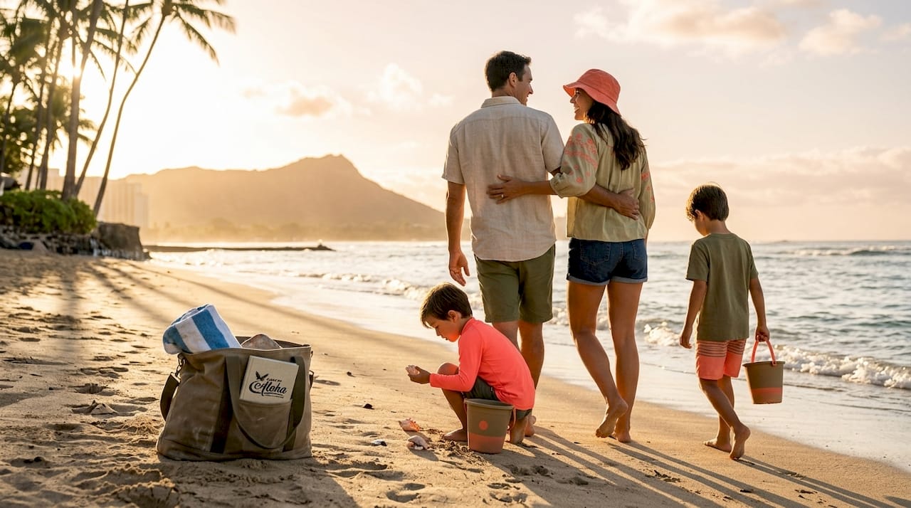 Family walking on Waikiki Beach at sunset
