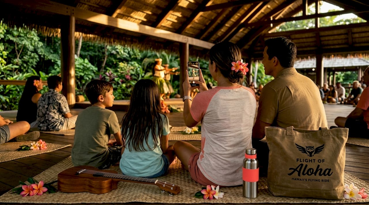 Family at Hawaiian cultural event pavilion