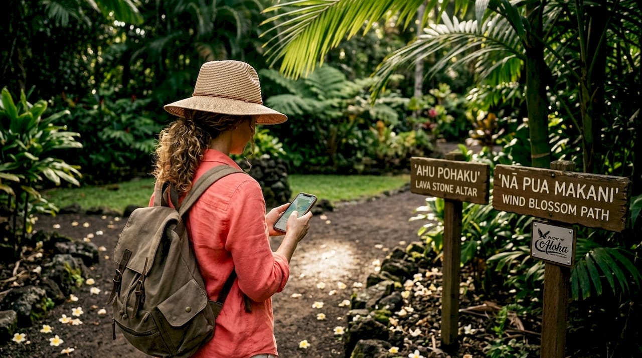 Traveler exploring Hawaii cultural garden