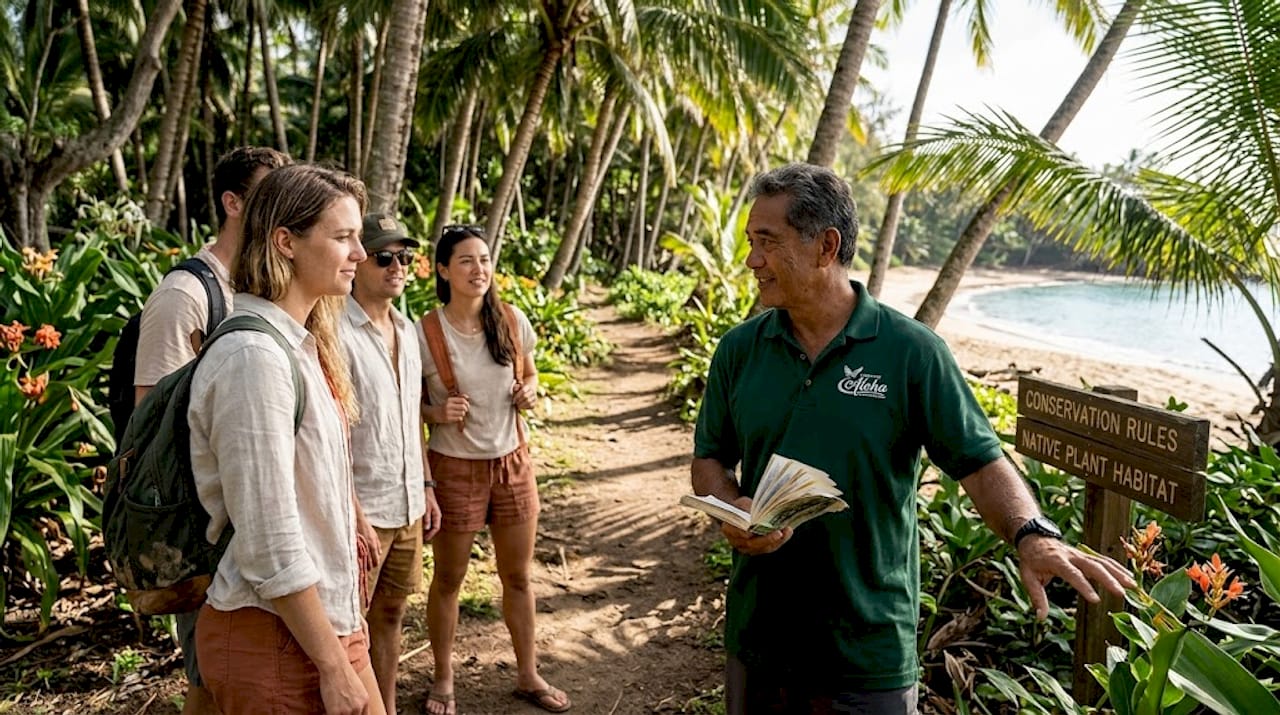 Local guide teaching tourists conservation in Hawaii