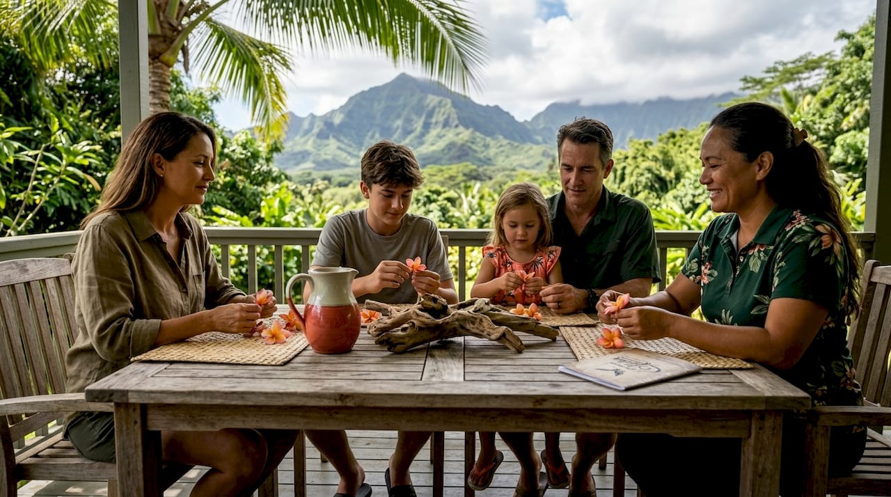Family beginning lei-making class in Kailua-Kona