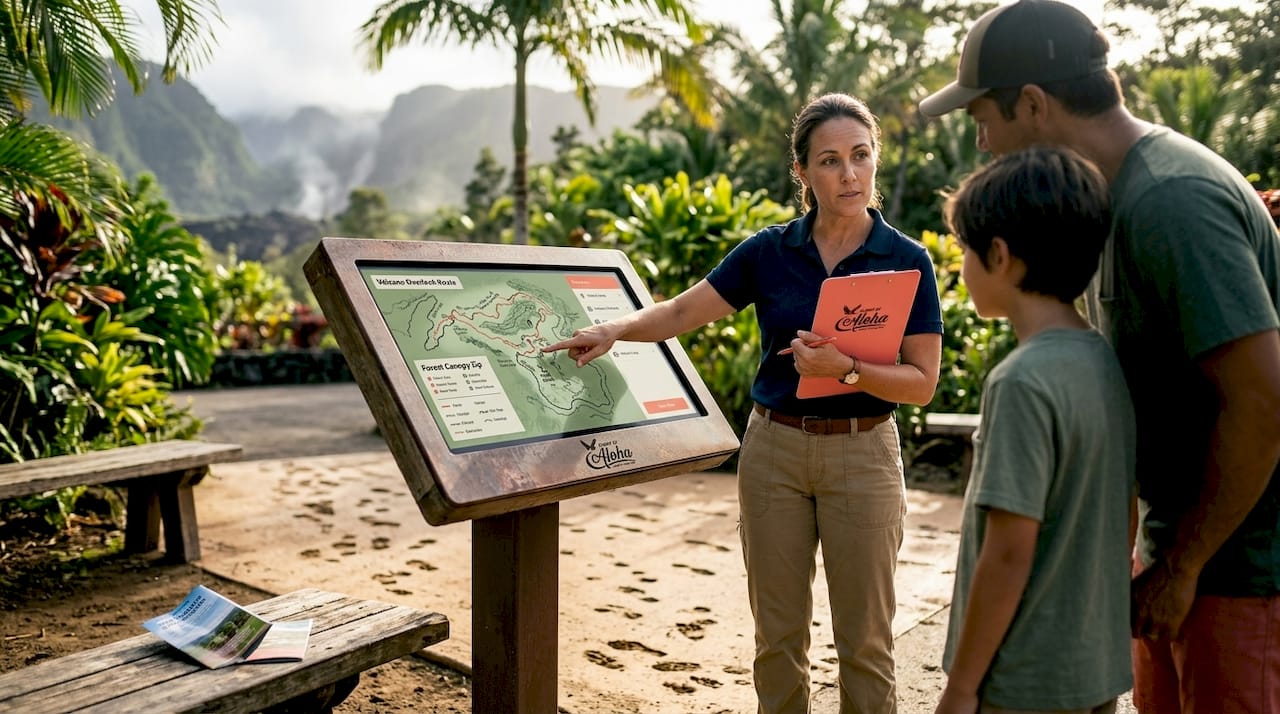 Designer guiding visitors at Hawaiian attraction entrance
