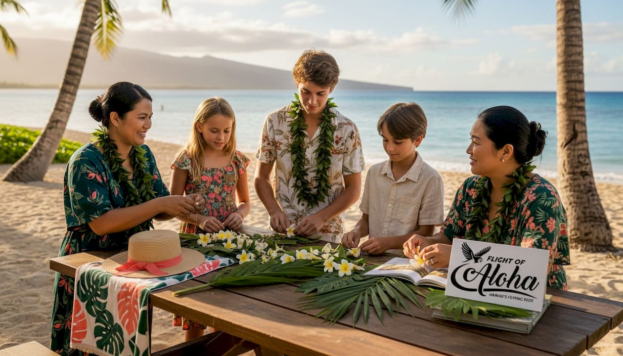 Family learning lei making in Hawaii park