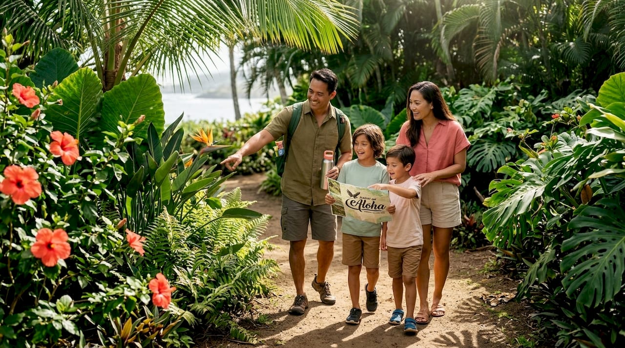 Family exploring Hawaii coastal path