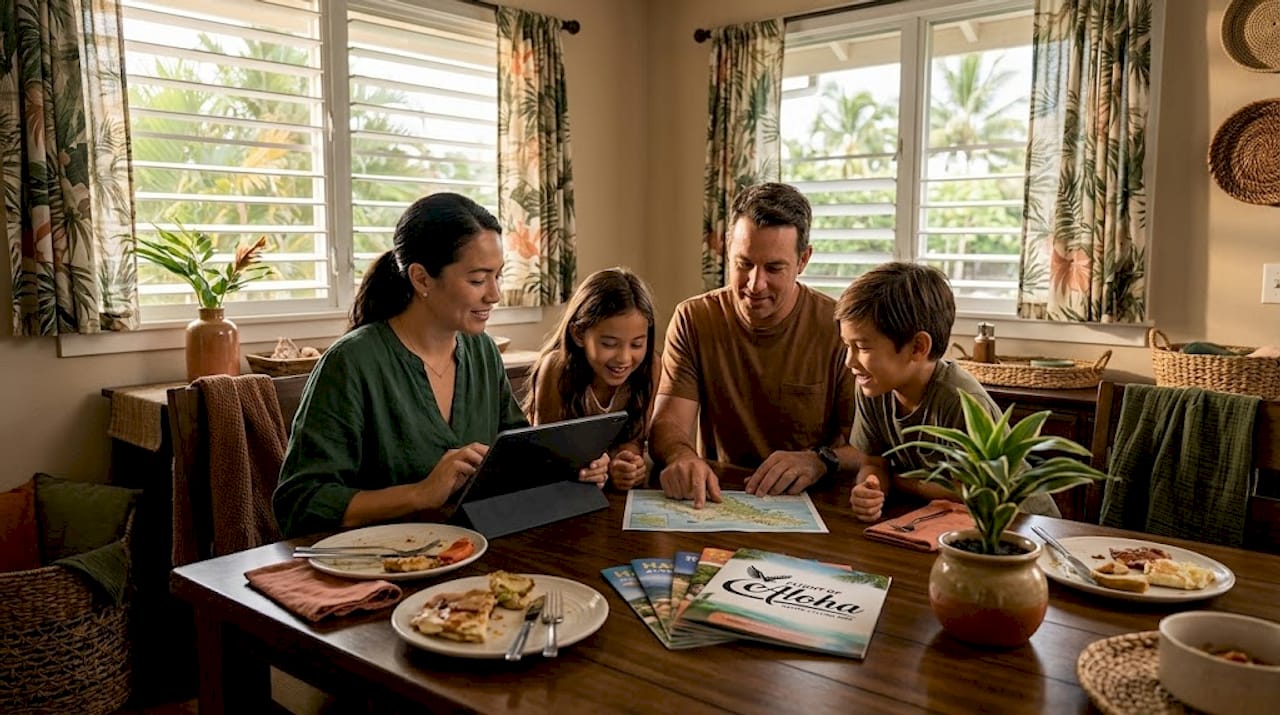 Family booking Hawaii activities in kitchen