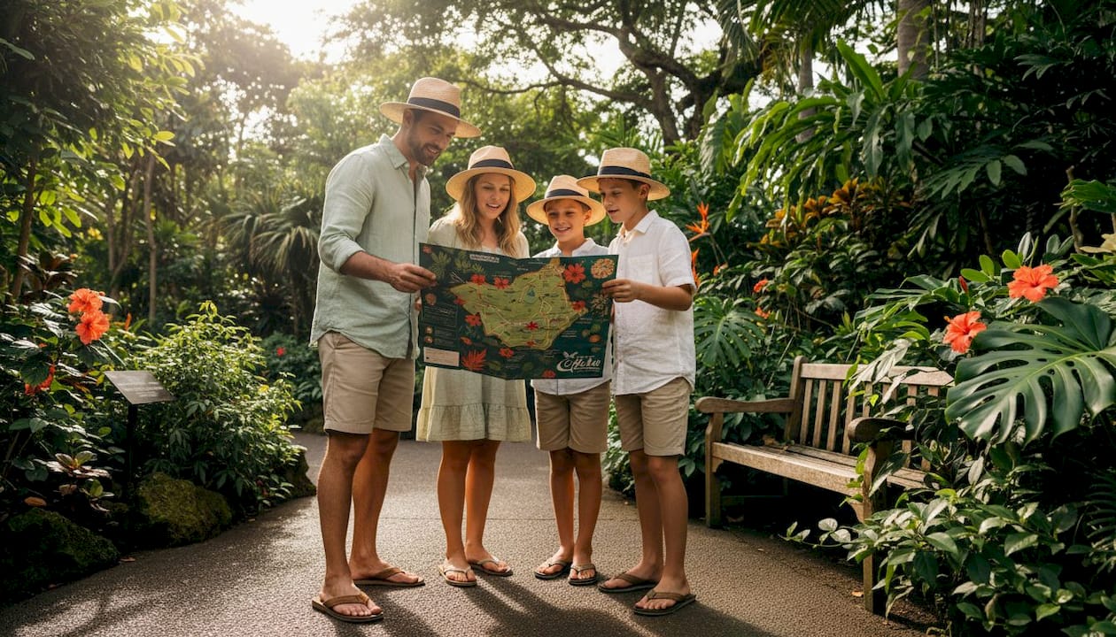 Family exploring Hawaii botanical garden
