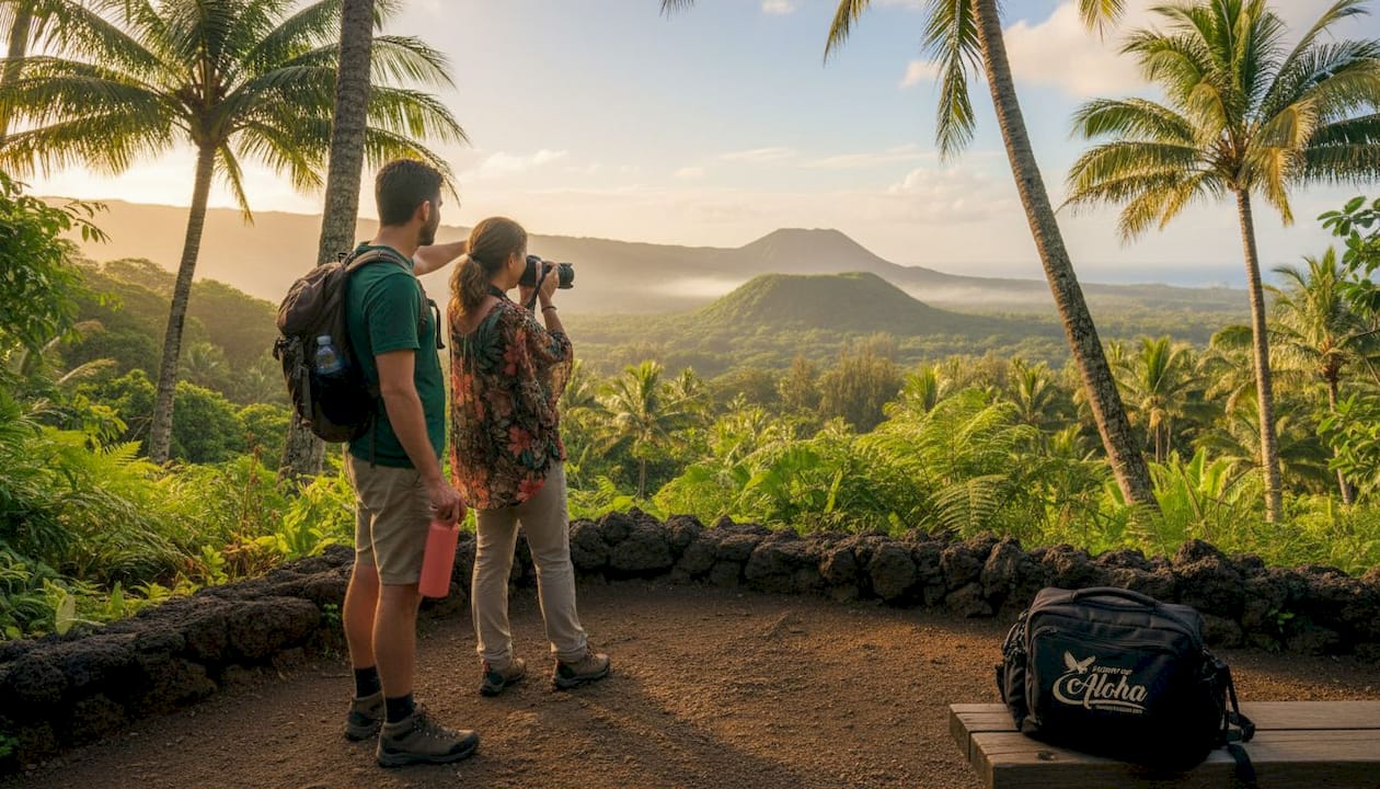 Travelers engaging at park info board Hawaii
