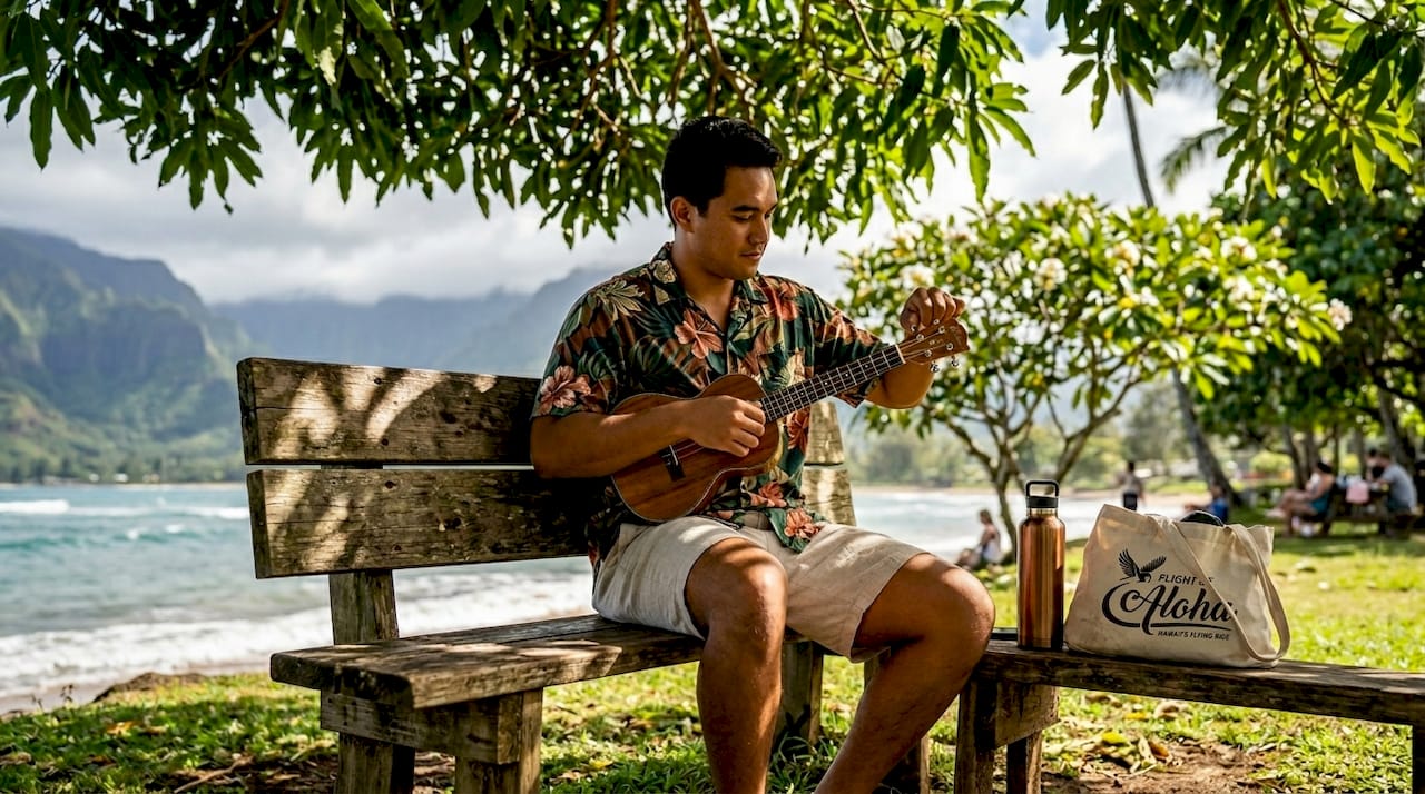 Hawaiian musician tuning ukulele by beach park