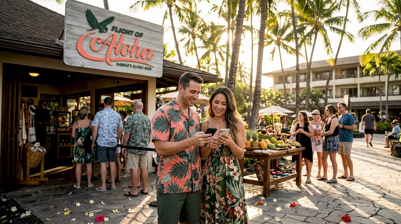 Tourists waiting outside Hawaii flight attraction