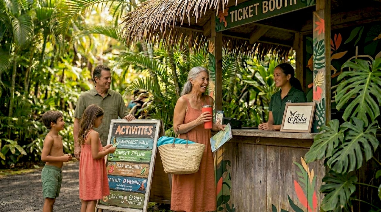 Family buying tickets at Hawaii attraction