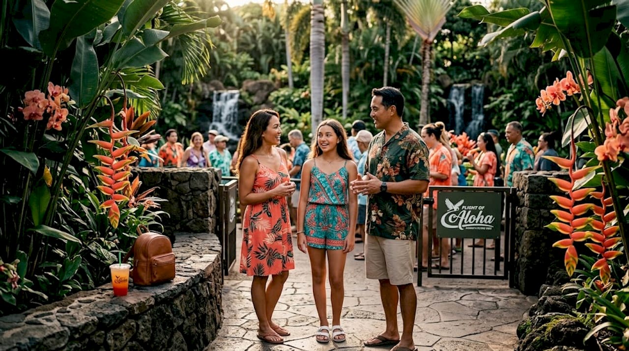 Family waiting for immersive ride at park entrance