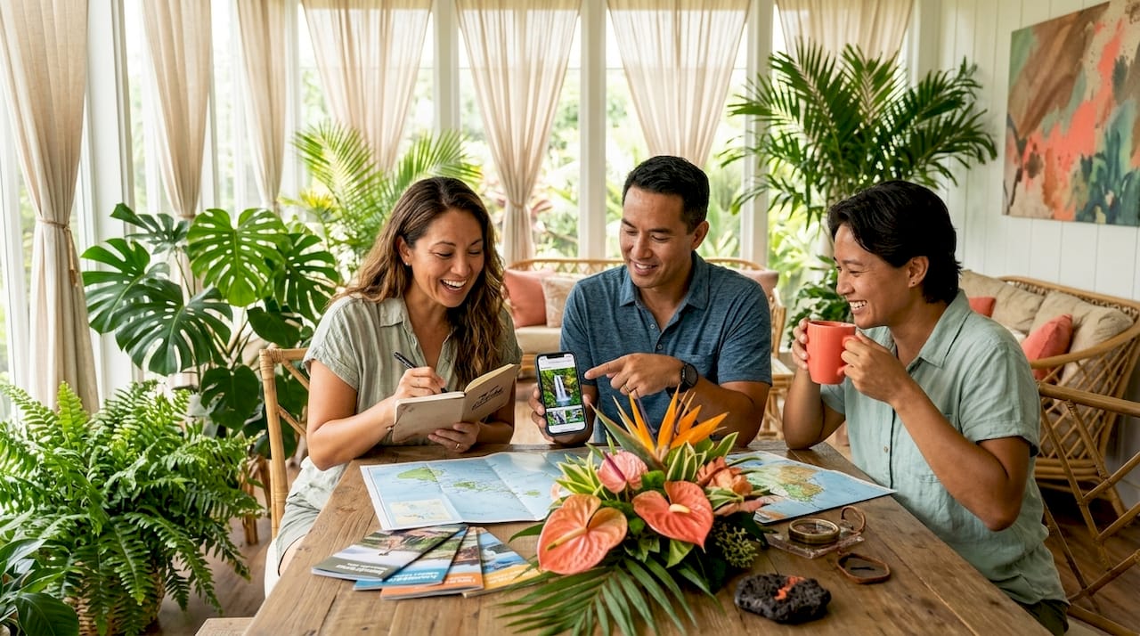 Travelers planning at kitchen island with brochures