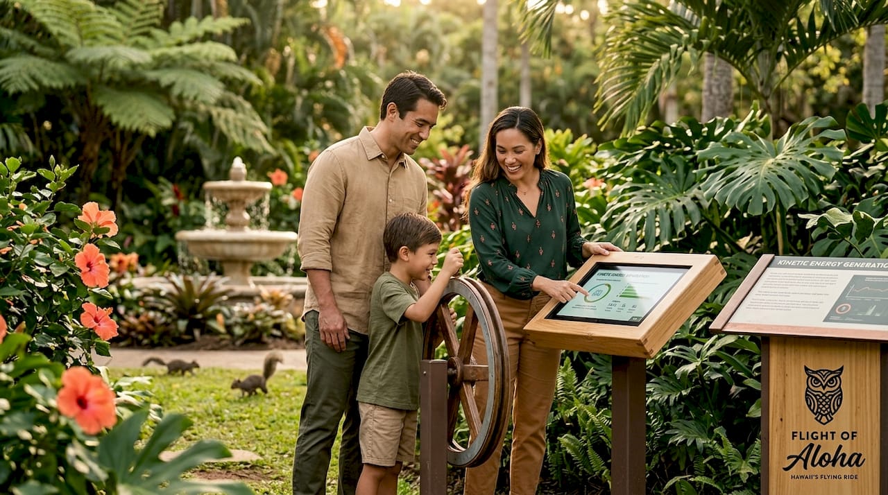 Family using interactive museum science exhibit