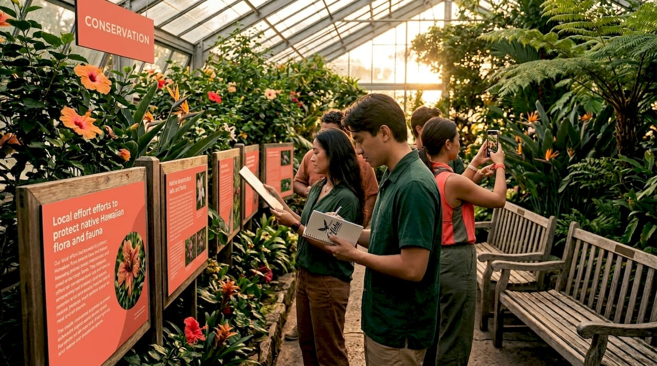 Visitors engaging with conservation messages in garden