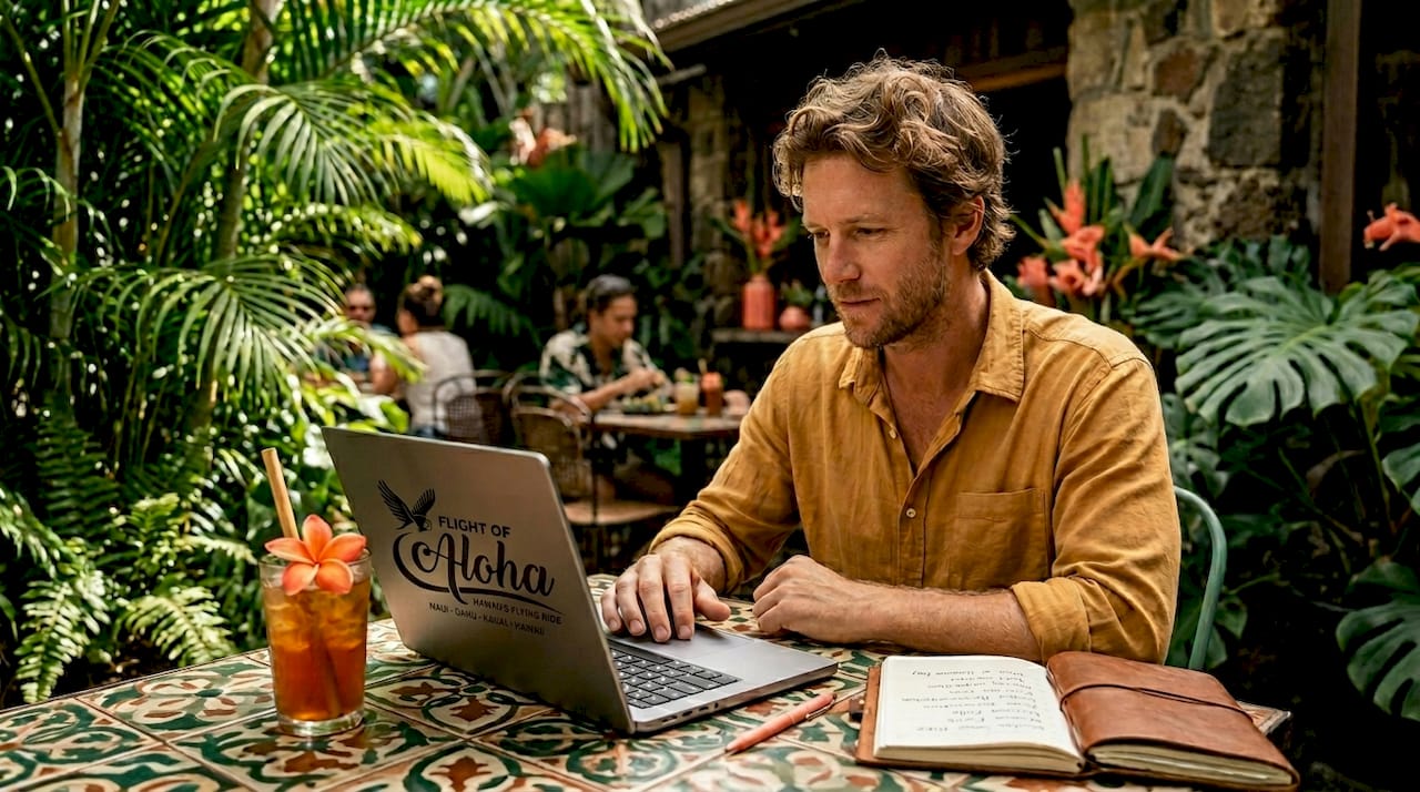 Traveler booking flight online at home