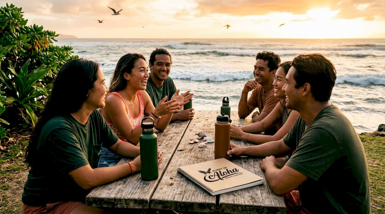 Group of friends socializing at park picnic table